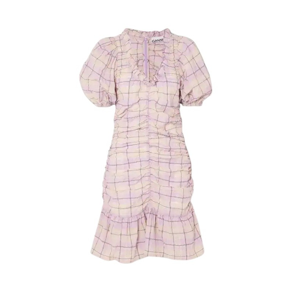 Ganni Ruched Checked Organic Cotton-Blend Seersucker Mini Dress Size 36 / Small
